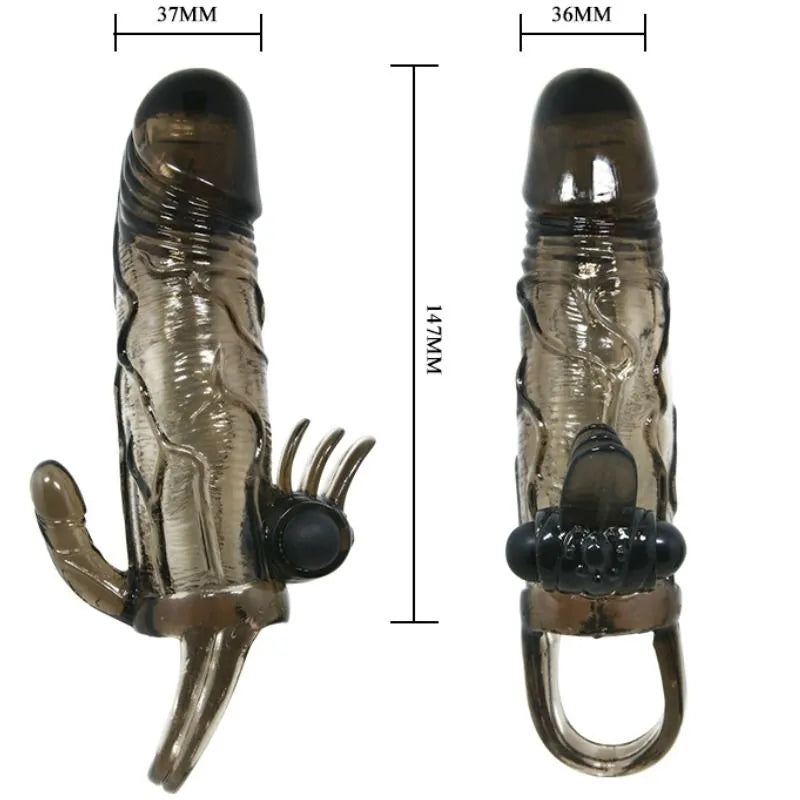Cockring vibrant réaliste noir avec stimulateur anal intégré, texture détaillée, dimensions visibles, design ergonomique.