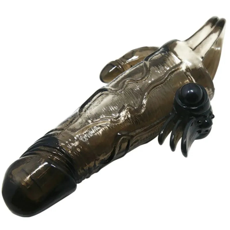 Cockring vibrant réaliste noir avec stimulateur anal intégré, texture détaillée, design ergonomique pour plaisir intense.