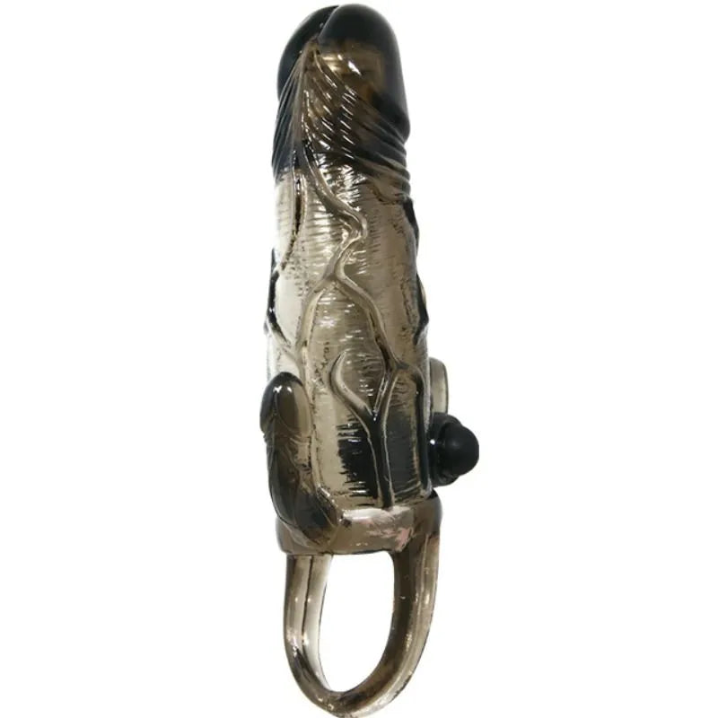 Cockring vibrant réaliste noir avec stimulateur anal intégré, texture détaillée et design ergonomique pour plaisir intense.