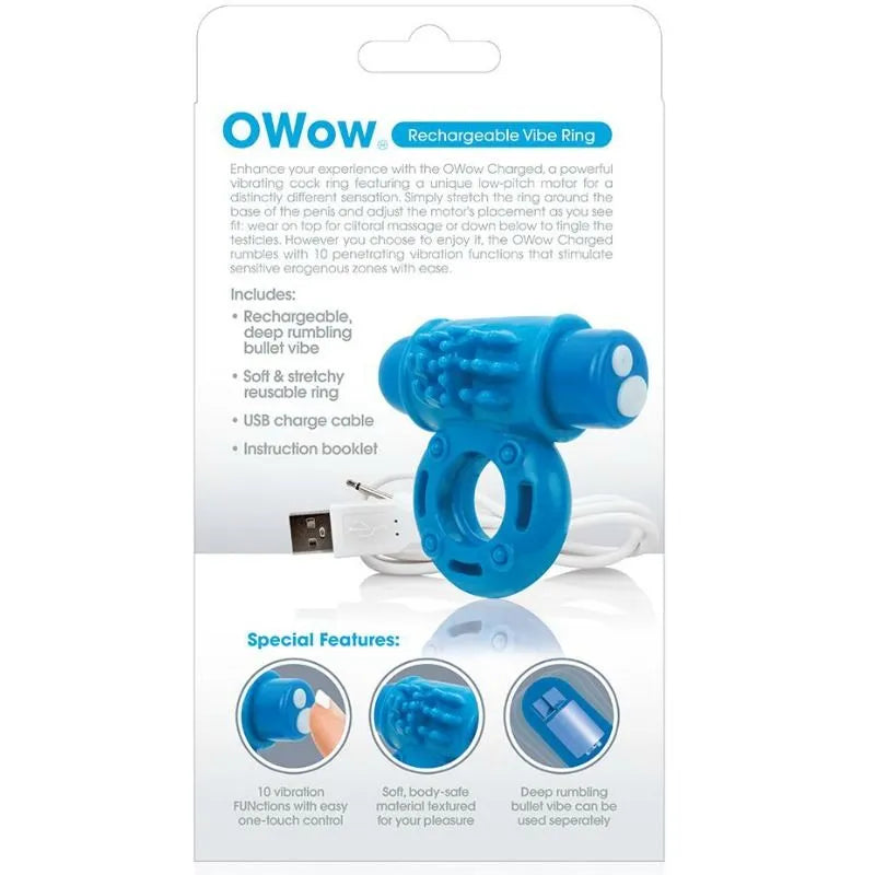 Cockring vibrant bleu rechargeable pour couples, 10 modes de vibration, design ergonomique, câble USB inclus.