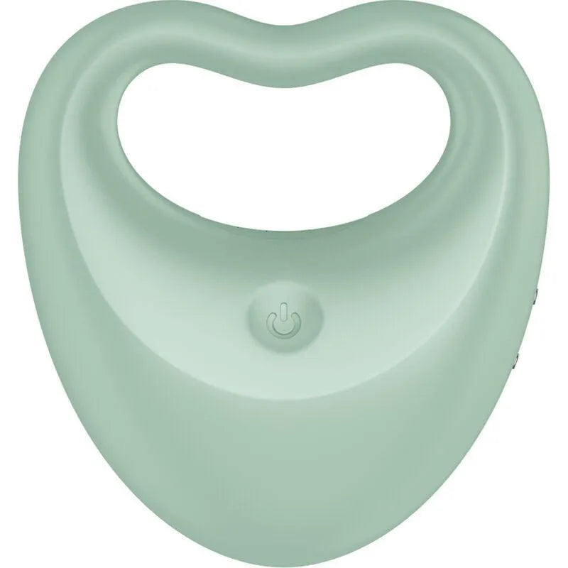 Cockring vibrant vert en silicone biocompatible en forme de cœur, avec bouton central, pour plaisir polyvalent.