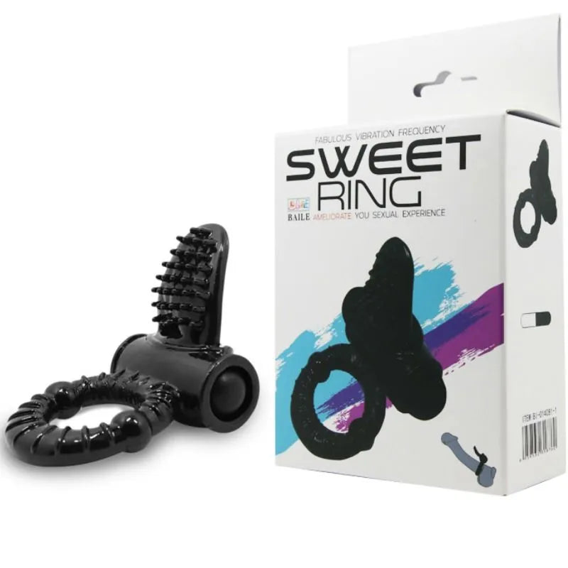 Anneau vibrant noir en silicone avec lapin intégré pour stimulation clitoridienne, boîte incluse, design pour couples.