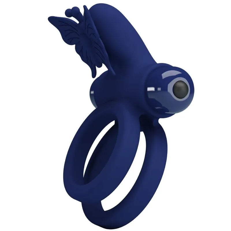 Anneau pénien vibrant en silicone bleu, design ergonomique avec papillon, 10 fonctions de vibration pour érection durable.