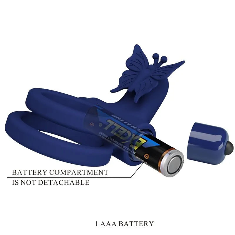 Anneau pénien vibrant en silicone bleu avec papillon, 10 modes de vibration, design ergonomique, batterie AAA incluse.