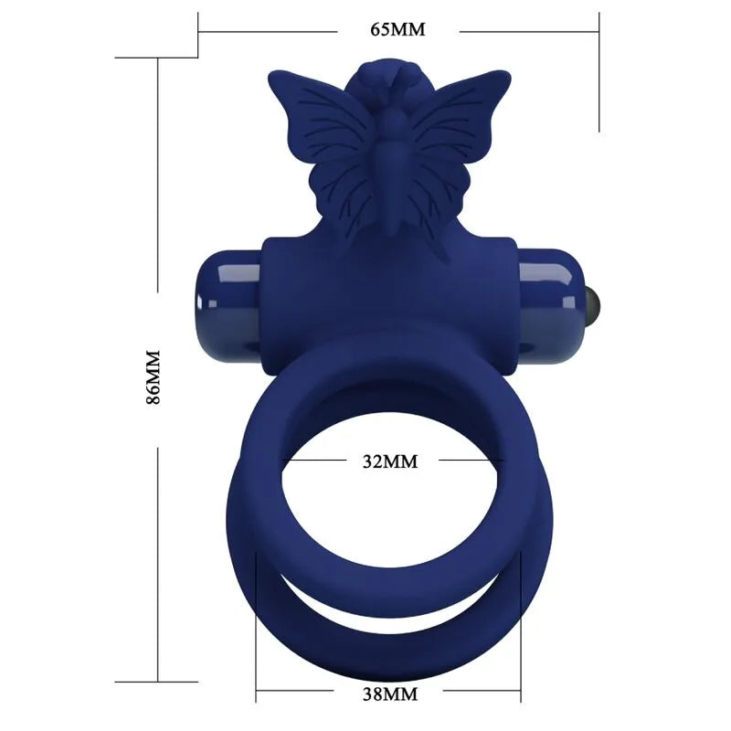 Anneau pénien vibrant bleu en silicone avec papillon, 10 modes de vibration, dimensions indiquées, design ergonomique.