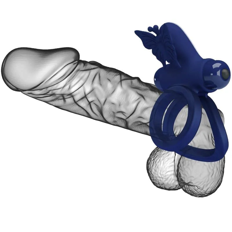 Anneau pénien vibrant en silicone bleu avec design ergonomique et 10 fonctions de vibration pour érection durable.