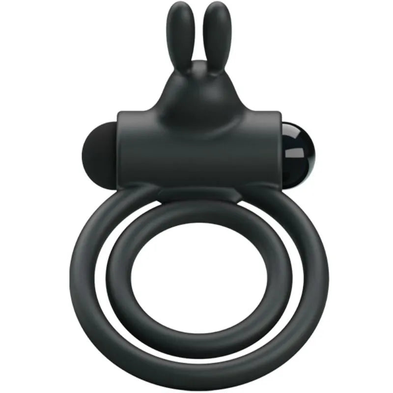 Cockring vibrant en silicone noir avec double anneau et balle vibrante, conçu pour érections durables et stimulation clito...