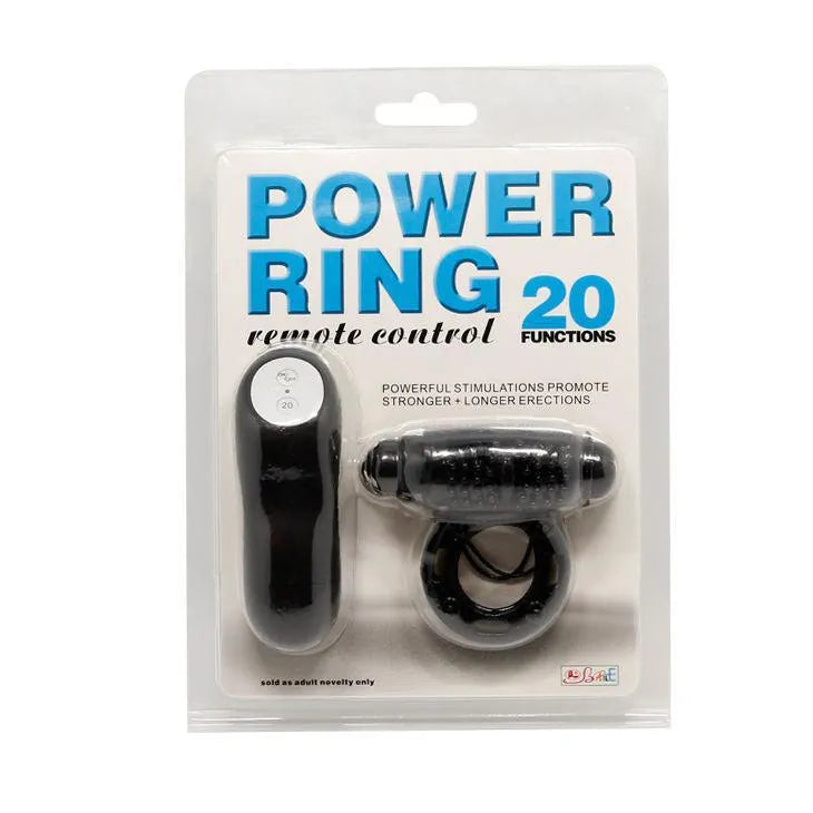 Cockring vibrant noir avec télécommande, 20 fonctions, pour stimulation clitoridienne et érection renforcée.