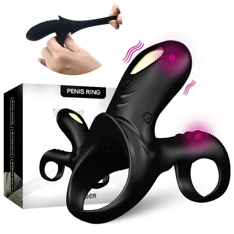 Anneau pénien vibrant noir en silicone, rechargeable USB, avec 9 modes de vibration, présenté avec emballage.