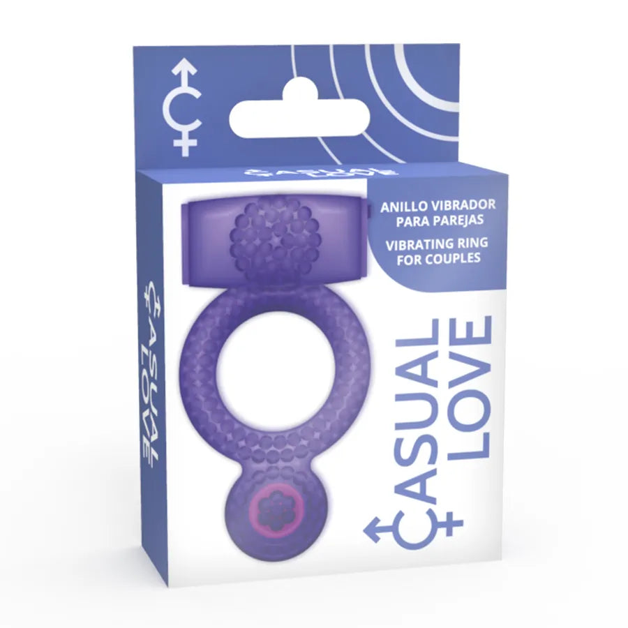 Anneau vibrant violet en TPR pour débutants, sur fond blanc, dans emballage marqué Casual Love.