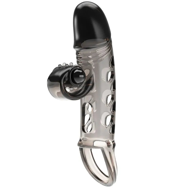 Cockring vibrante noir en TPE, forme extensible, avec anneau ajustable pour érection prolongée et sensations intenses.