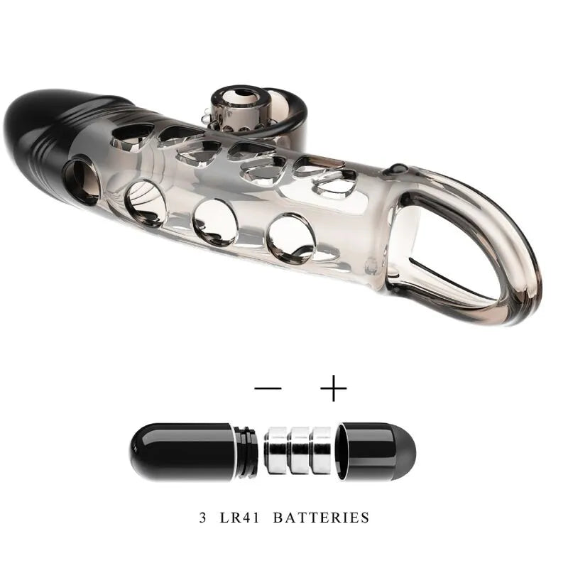 Cockring vibrant noir en TPE, extensible, pour érection prolongée, avec détails ajourés et compartiment à piles.