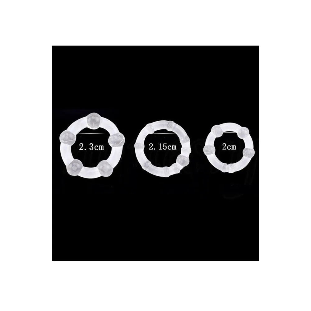 Cockrings transparents avec billes, pack de 3 tailles (2.3cm, 2.15cm, 2cm), TPR sans phtalate, pour érections prolongées.