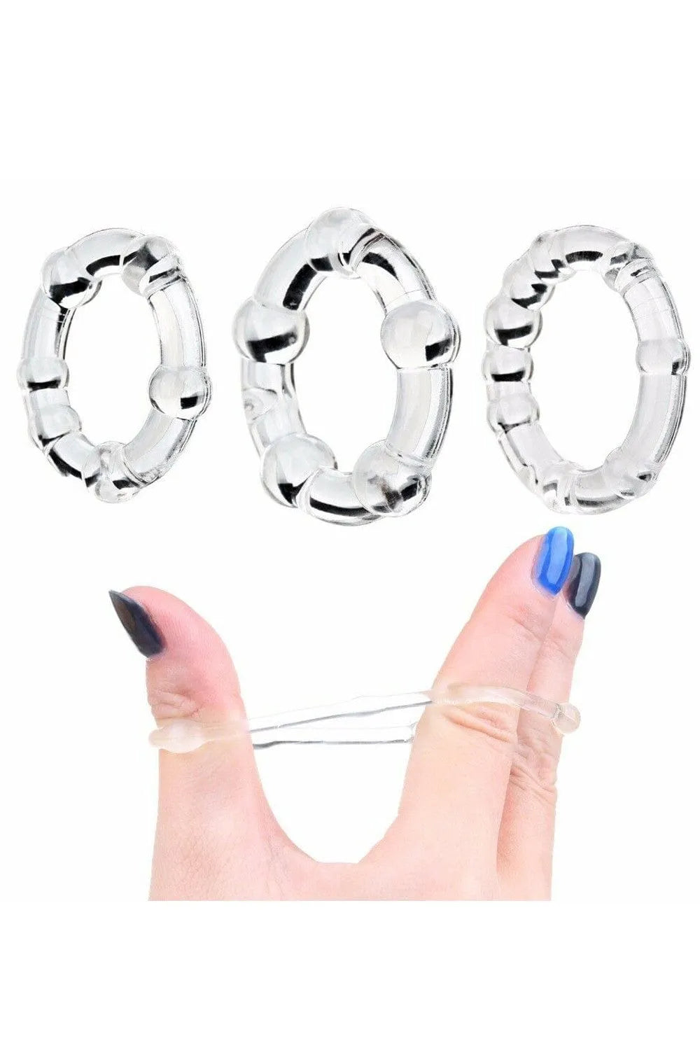 Cockrings transparents en TPR extensible avec billes, pack de 3, diamètres 2.3cm, 2.15cm, 2cm, pour érections prolongées.