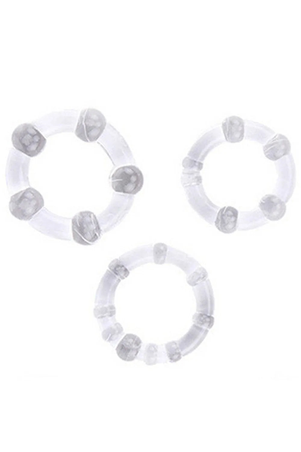 Cockrings transparents avec billes, extensibles, diamètres variés, pour érections prolongées et stimulation accrue.
