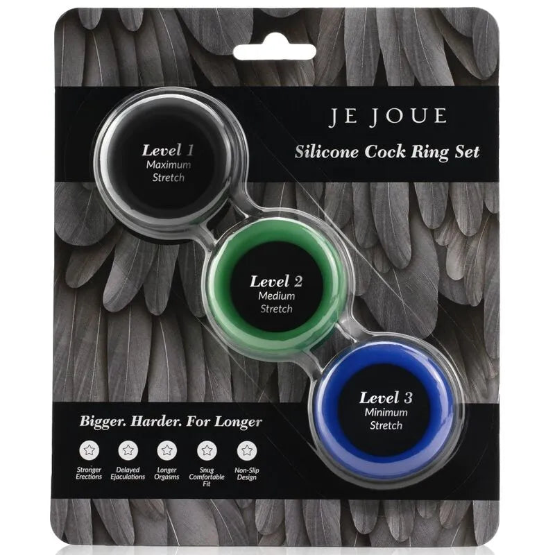 Anneaux silicone ajustables confort vegan, trois niveaux de serrage, couleurs noir, vert, bleu, emballage élégant.