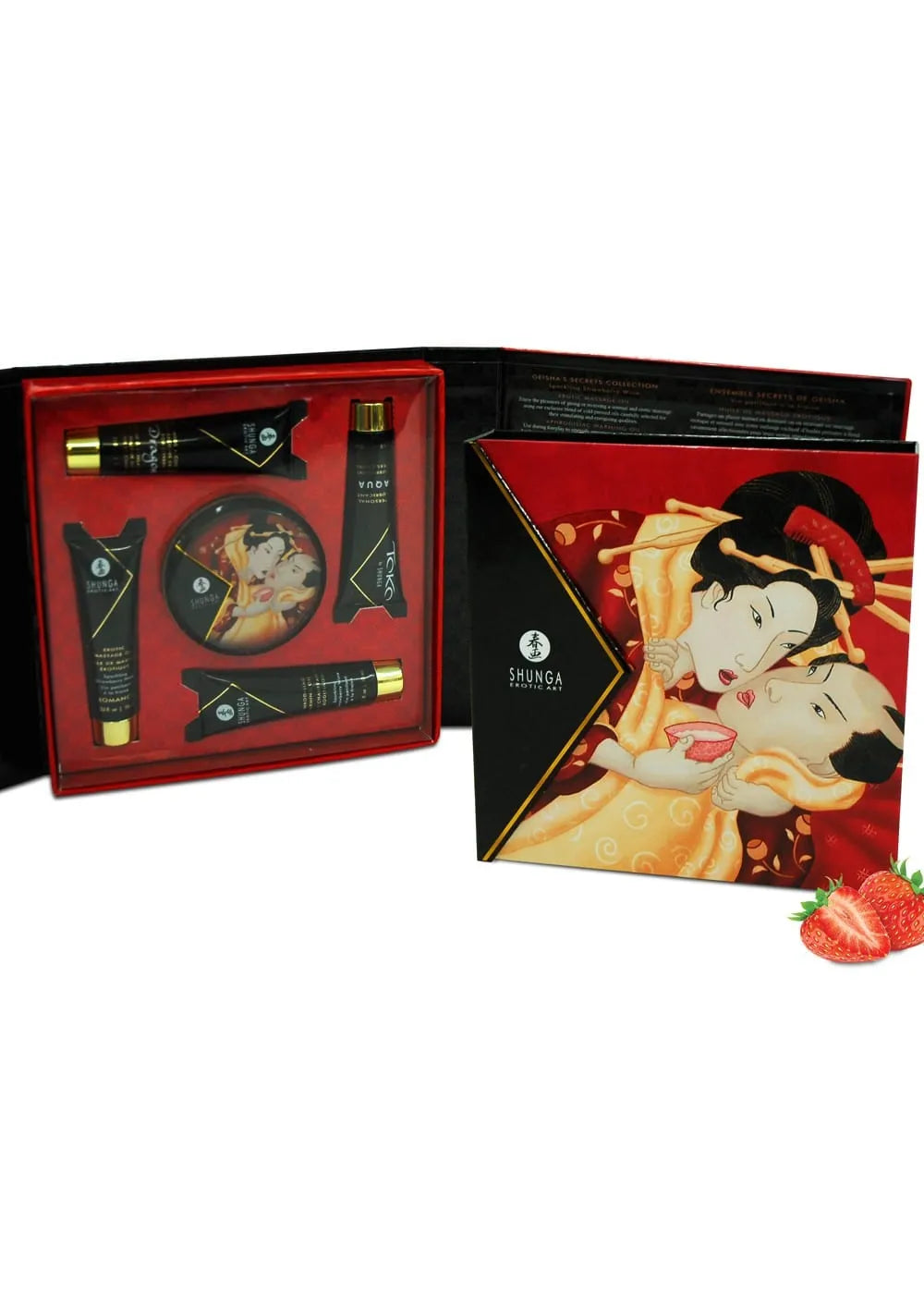 Coffret bien-être romantique avec produits parfum fraise et vin pétillant, boîte rouge et noire, design élégant.