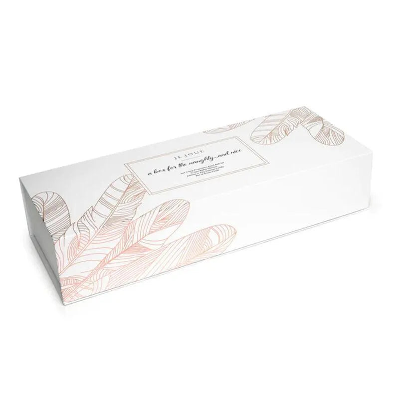 Coffret Je Joue Édition Limitée, motif plume or rose, luxueux et raffiné pour bien-être sexuel, cadeau intime parfait.