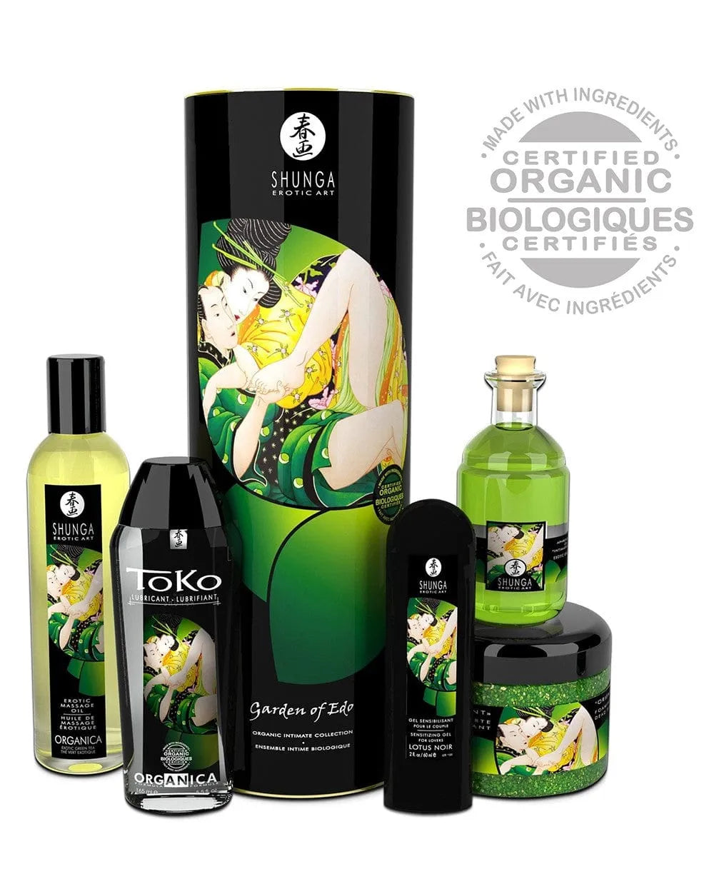 Coffret cadeau bien-être bio pour couples avec huiles et lotions, design élégant vert et noir, ingrédients certifiés bio.