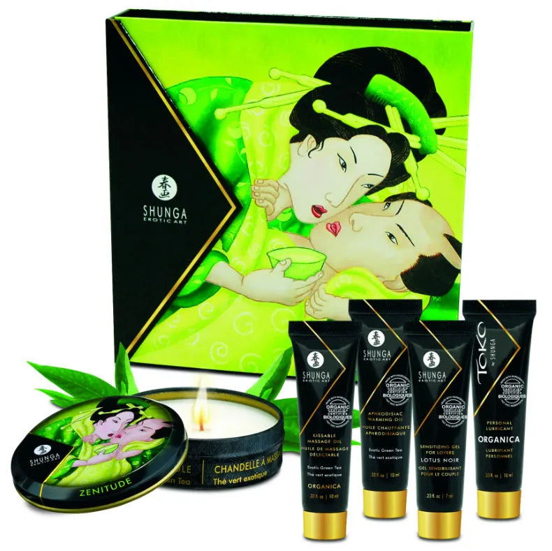 Coffret Shunga érotique vert avec produits cosmétiques et bougie, inspiré de l'art japonais pour moments intimes.