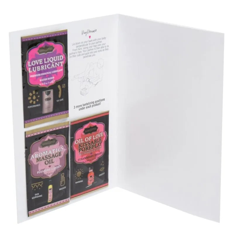 Coffret cadeau romantique avec huiles de massage et guide de positions Kama Sutra, emballage élégant et coloré.