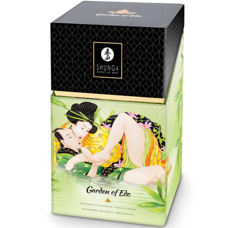 Coffret cosmétique érotique bio Shunga, design élégant, illustration sensuelle, couleurs vives, collection Edo Garden.