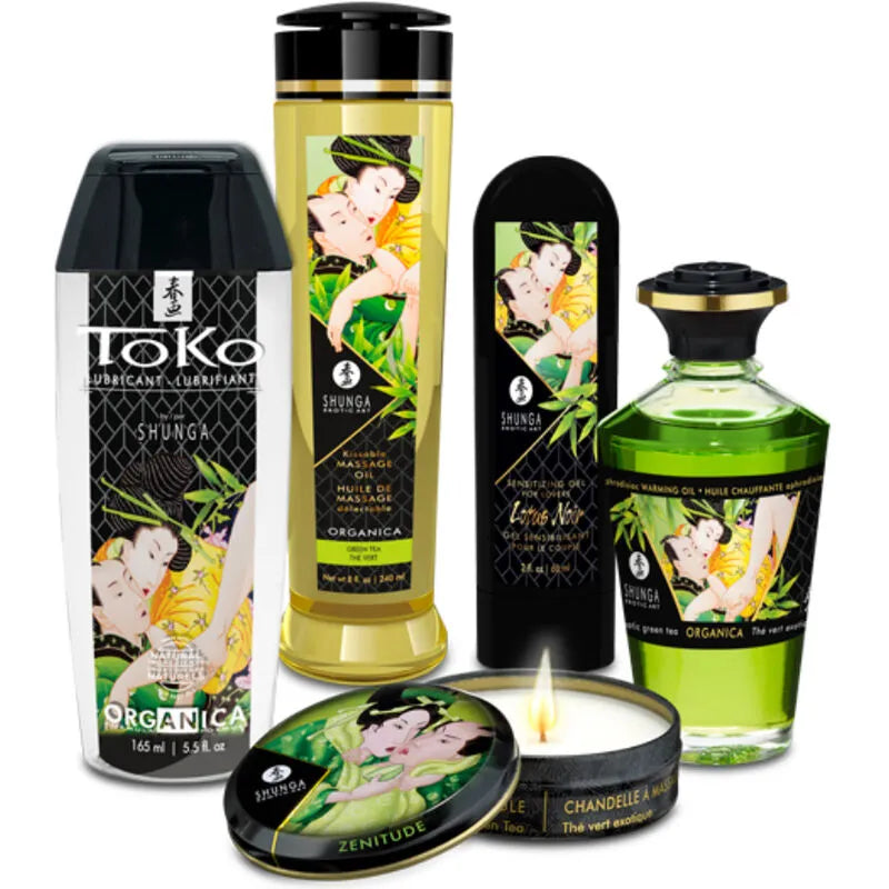 Coffret cosmétique érotique bio Shunga, flacons et bougie aux motifs japonais, produits naturels pour moments intimes.