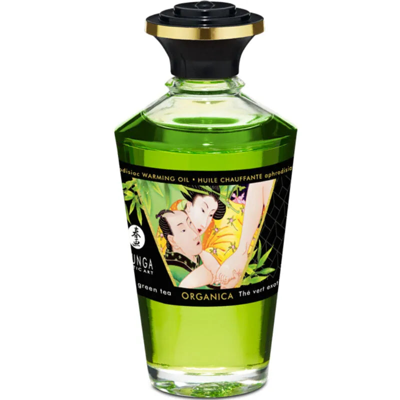 Flacon vert d'huile chauffante érotique bio Shunga, design japonais, pour moments intimes et sensuels.