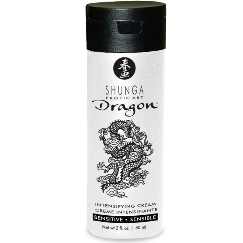 Coffret cosmétique érotique Shunga, flacon blanc avec motifs japonais, crème intensifiante pour moments intimes raffinés.