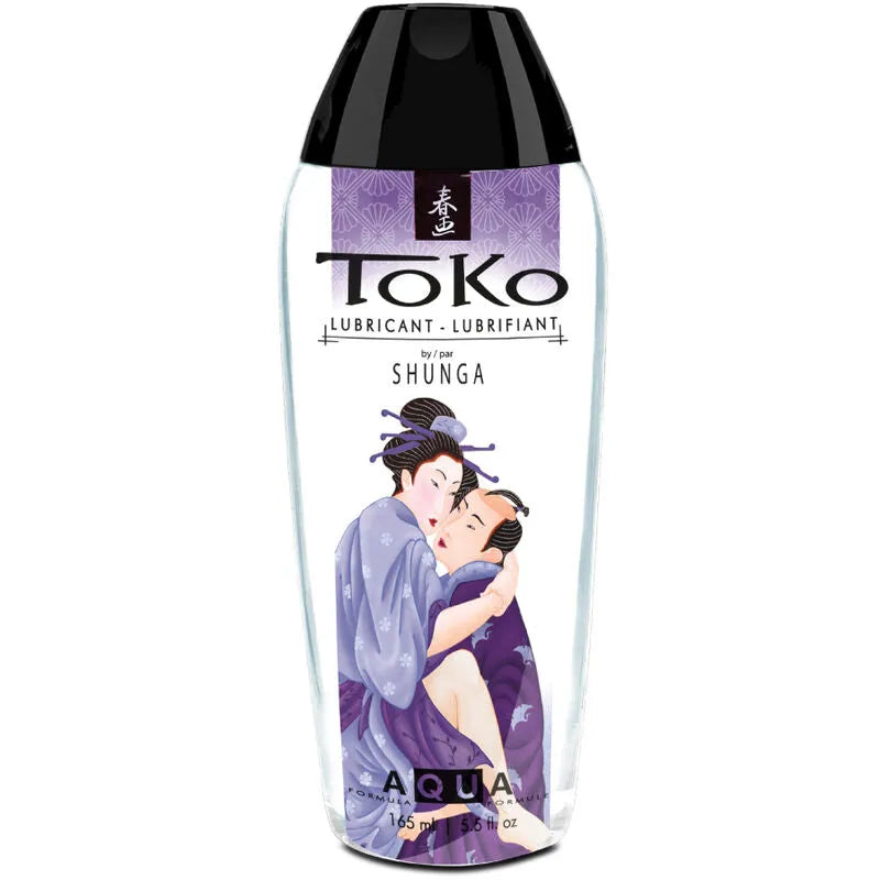 Flacon de lubrifiant Shunga Toko, design inspiré de l'art érotique japonais, étiquette violette et noire.