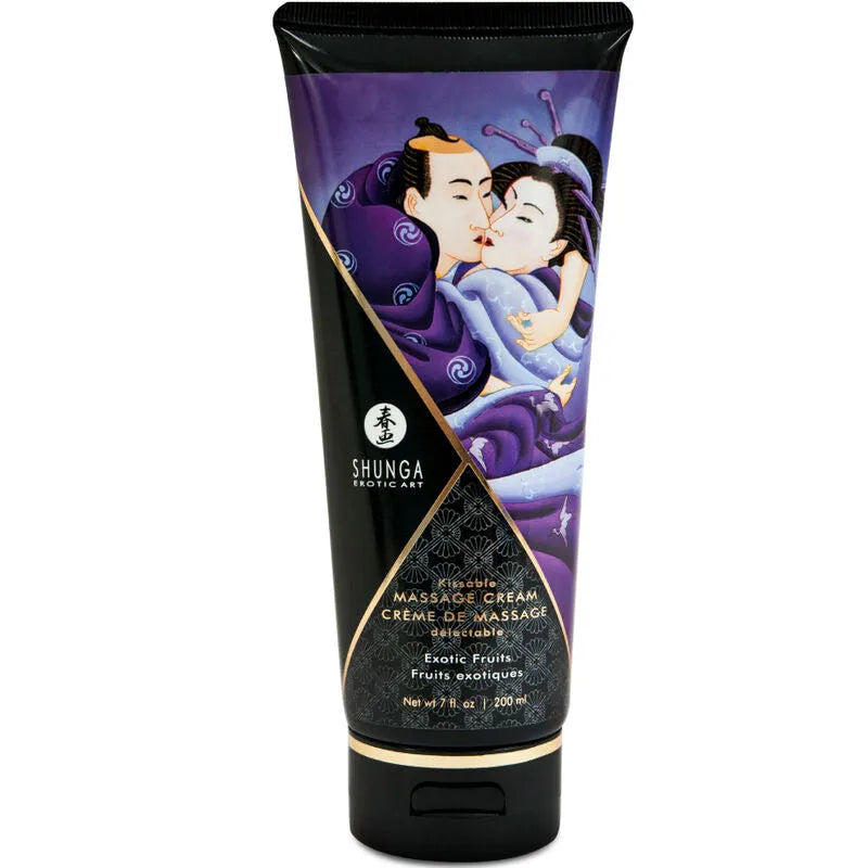 Tube de crème de massage Shunga, design inspiré de l'art érotique japonais, couleurs violettes et noires.