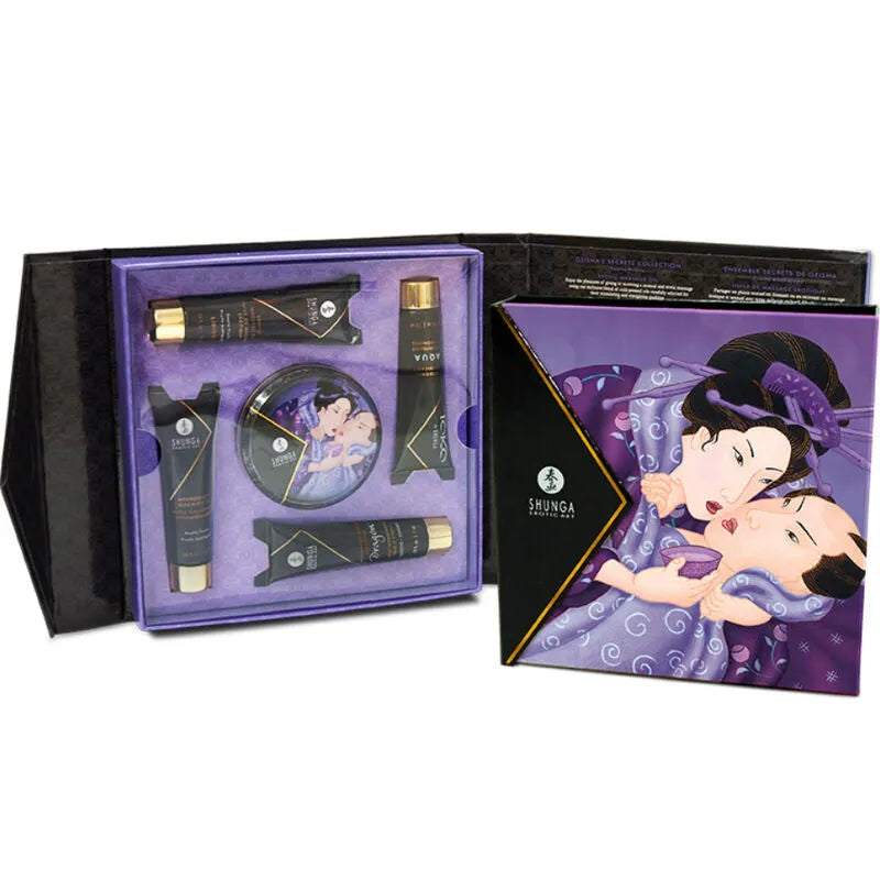 Coffret Shunga pour couples avec cosmétiques érotiques, design violet et noir, illustration sensuelle sur la boîte.
