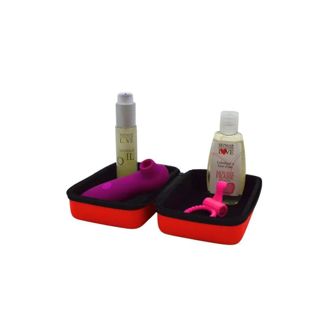 Coffret rouge avec accessoires intimes naturels, huile de massage et gel lubrifiant, édition limitée été.