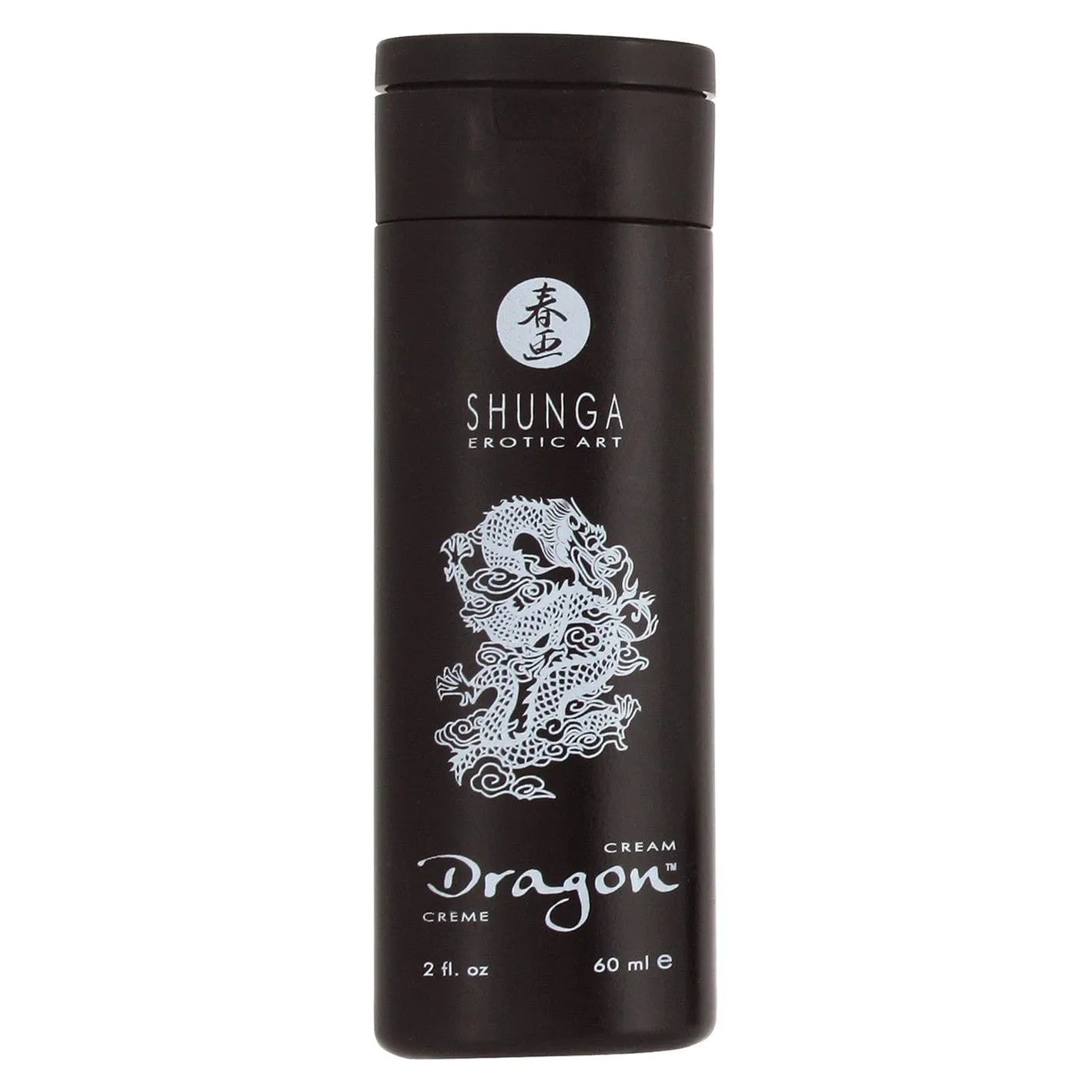 Flacon noir de Crème Dragon 60 ml, design élégant avec motif dragon blanc, produit du Coffret Intime Naturel.