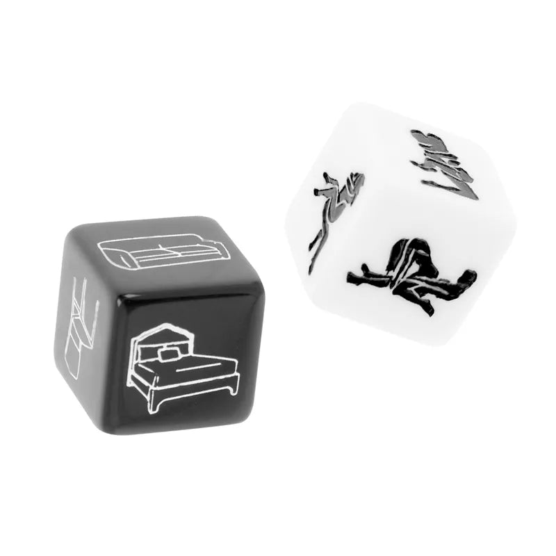 Dés: un noir avec lit, un blanc avec silhouettes sensuelles, pour jeux de couple Ohmama.