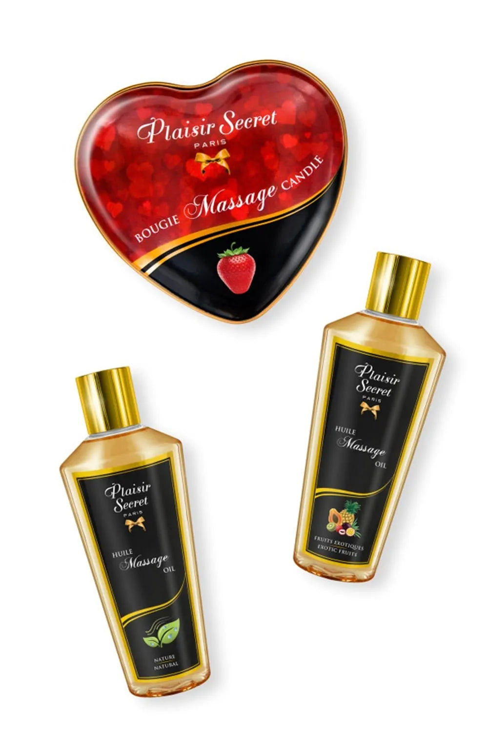 Coffret massage huiles sèches végétales avec bougie cœur rouge, flacons dorés 30 ml, bien-être et relaxation.