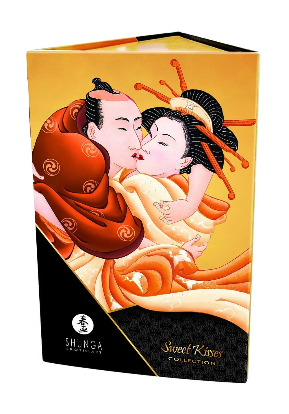 Coffret massage érotique Doux Baisers, design élégant, illustration sensuelle, couleurs chaudes, produits aphrodisiaques.