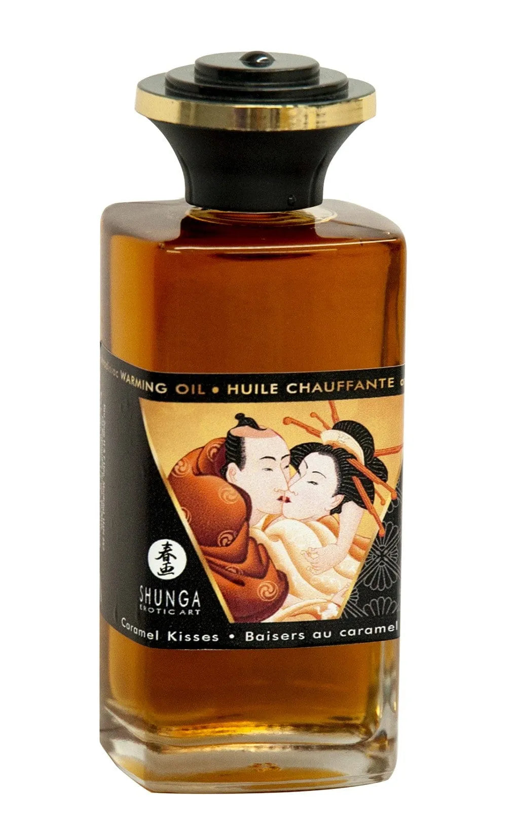 Flacon d'huile de massage érotique, design élégant, étiquette artistique, couleur ambrée, pour moments sensuels.