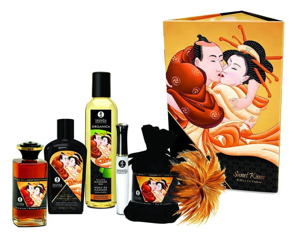 Coffret massage érotique Doux Baisers avec huiles et accessoires, design artistique, couleurs chaudes et sensuelles.
