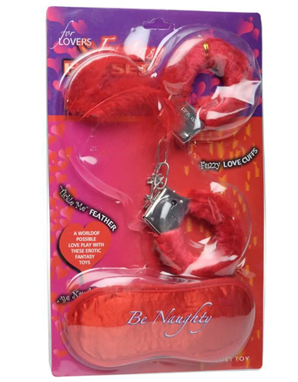 Coffret Érotique avec menottes duvet rouge, masque be naughty et plumes rouges pour moments intimes.