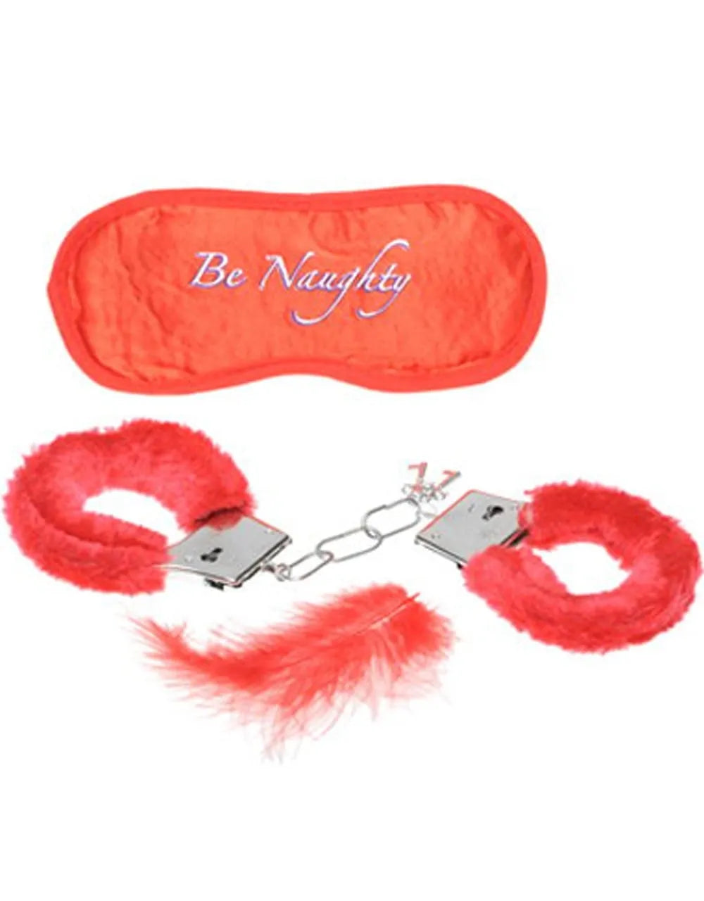 Coffret Érotique: menottes rouges duveteuses, masque be naughty, plumes rouges pour moments intimes et sensuels.