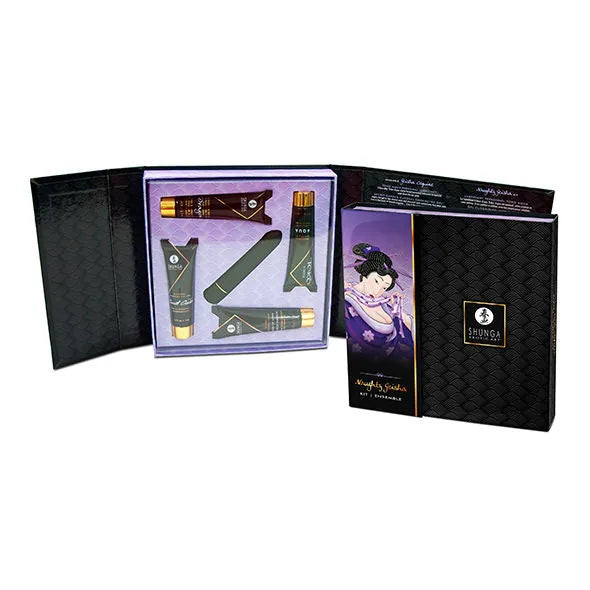Coffret Érotique Shunga ouvert, contenant des tubes et accessoires sur fond violet, design élégant et sensuel.