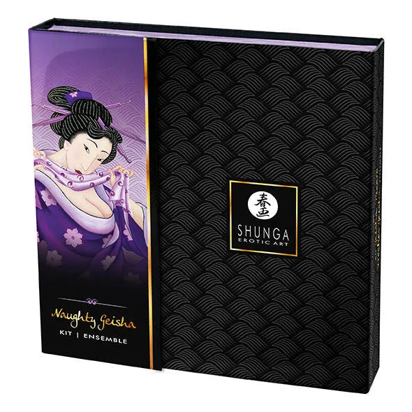 Coffret Érotique Shunga noir et violet avec illustration artistique, conçu pour couples cherchant nouvelles expériences se...