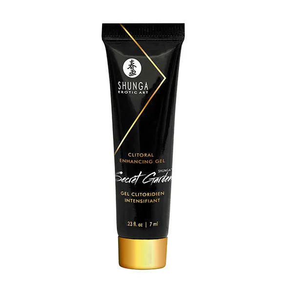 Gel clitoridien Shunga noir et or, 7 ml, pour couples expérimentateurs, dans un coffret érotique élégant et sensuel.