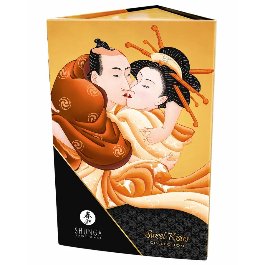 Coffret Shunga chocolat, design élégant, illustration couple asiatique, produits érotiques sensoriels et gourmands.