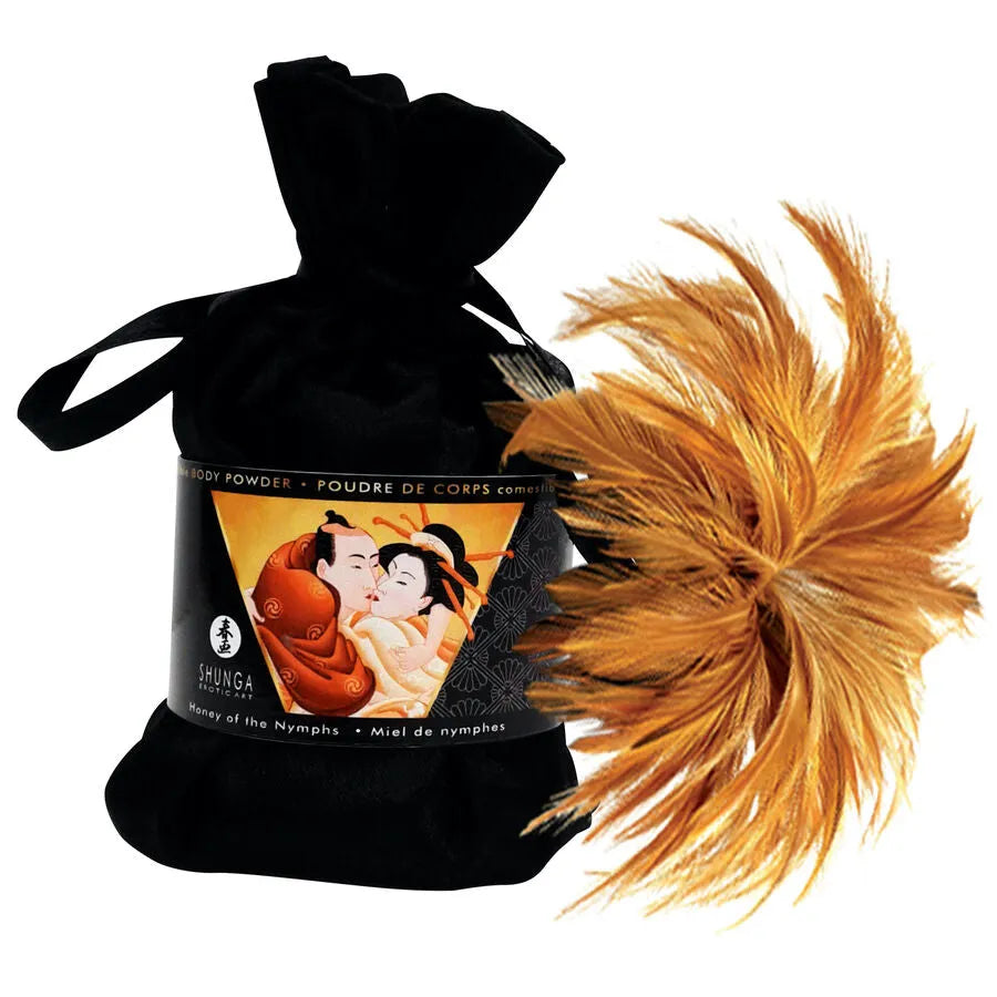 Coffret Érotique Shunga Chocolat avec sac noir et plume dorée, design raffiné pour expérience sensorielle.