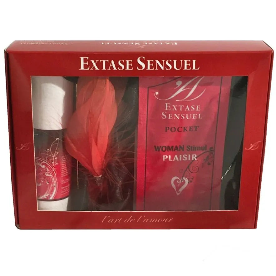 Coffret érotique rouge pour femme avec huile chaude et accessoires sensoriels, idéal pour moments intimes et voyages.