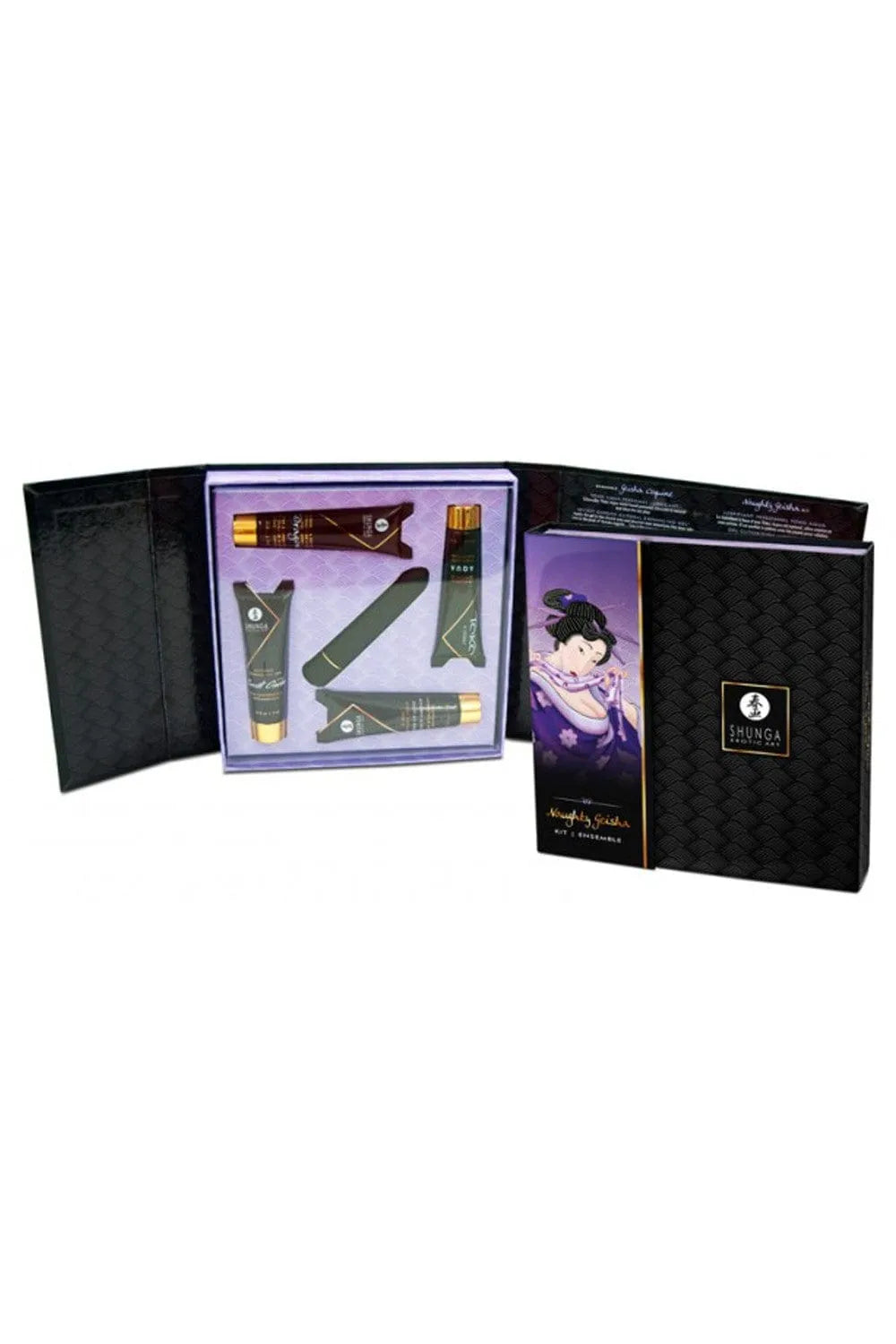 Coffret Sensuel Geisha noir avec accessoires intimes, design élégant, idéal pour soirées couples, cadeau romantique.