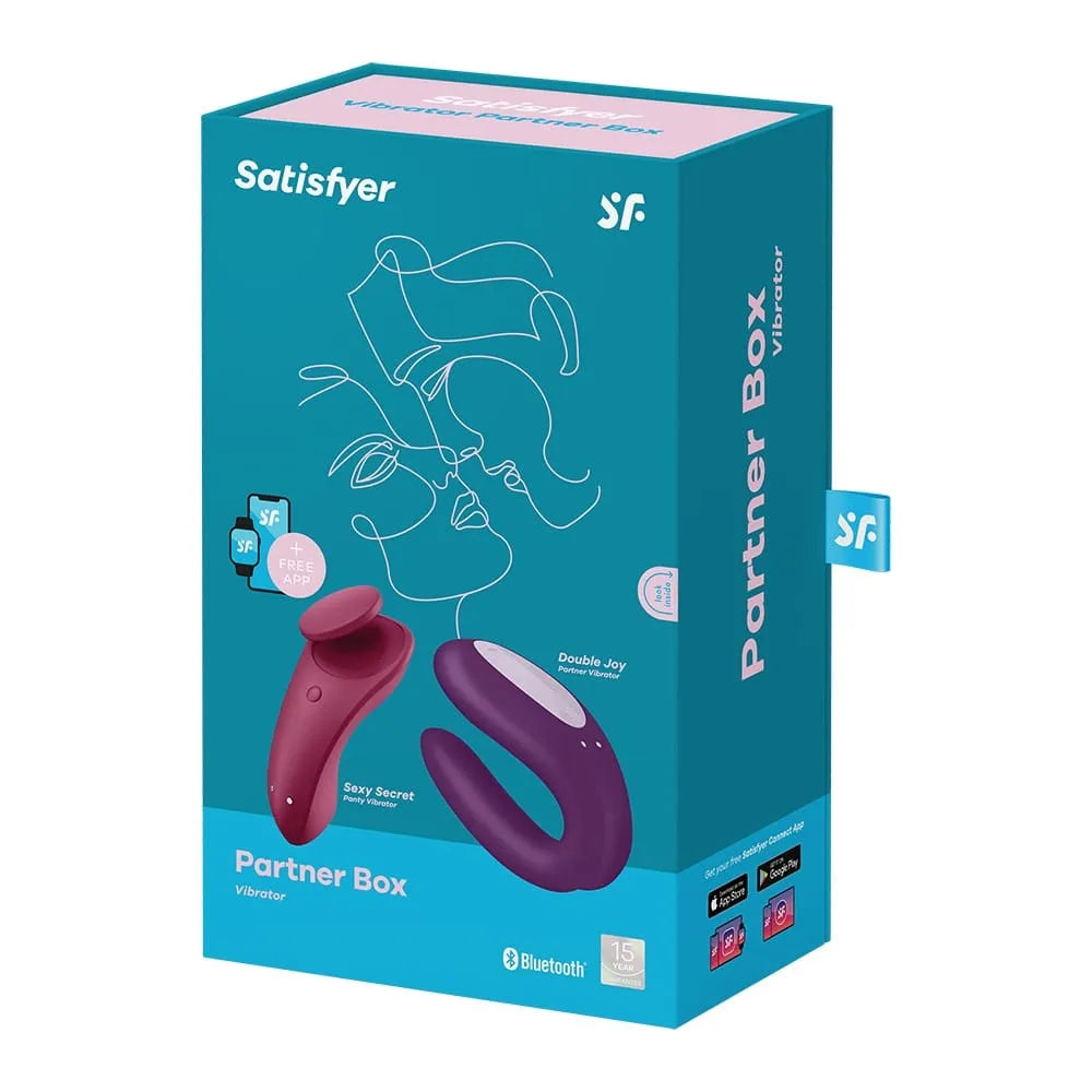 Coffret Satisfyer bleu avec vibromasseurs rose et violet, contrôlables via appli, pour couples en quête de plaisir.