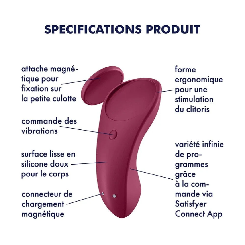 Coffret Sex Toy Satisfyer: vibromasseur rouge ergonomique en silicone, contrôlable via application, pour couples.